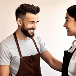 **A friendly chatbot persona, resembling a knowledgeable barista, engaging a customer in a coffee shop setting. The chatbot is explaining the origin and roasting process of the coffee beans, enhancing the customer's experience and fostering a personal connection.**