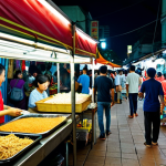 **

"A vibrant and bustling scene at a pasar malam (night market) in Kuala Lumpur. Street food vendors are selling nasi lemak, satay, and char kway teow. People are laughing, chatting, and browsing through the stalls. Colorful lights and decorations add to the festive atmosphere. Focus on capturing the energy and diversity of Malaysian culture. safe for work, appropriate content, fully clothed, family-friendly, professional, perfect anatomy, correct proportions, natural pose, well-formed hands, proper finger count, natural body proportions."

**