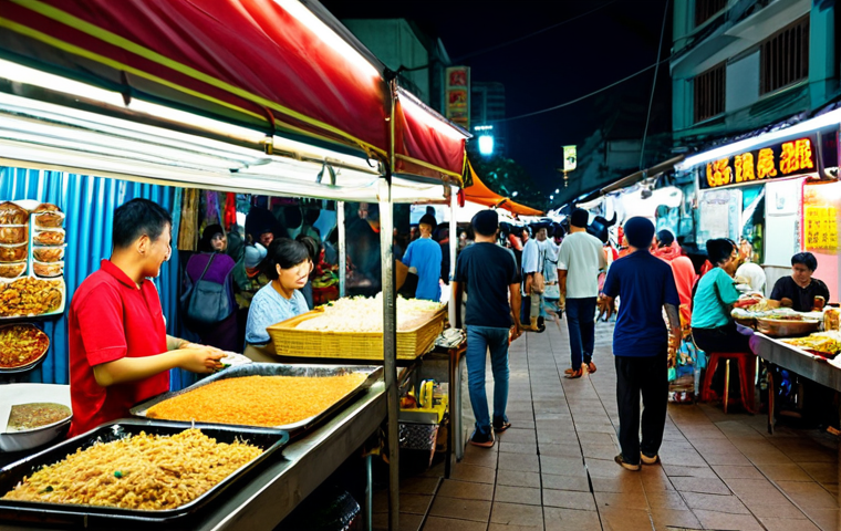 **

"A vibrant and bustling scene at a pasar malam (night market) in Kuala Lumpur. Street food vendors are selling nasi lemak, satay, and char kway teow. People are laughing, chatting, and browsing through the stalls. Colorful lights and decorations add to the festive atmosphere. Focus on capturing the energy and diversity of Malaysian culture. safe for work, appropriate content, fully clothed, family-friendly, professional, perfect anatomy, correct proportions, natural pose, well-formed hands, proper finger count, natural body proportions."

**